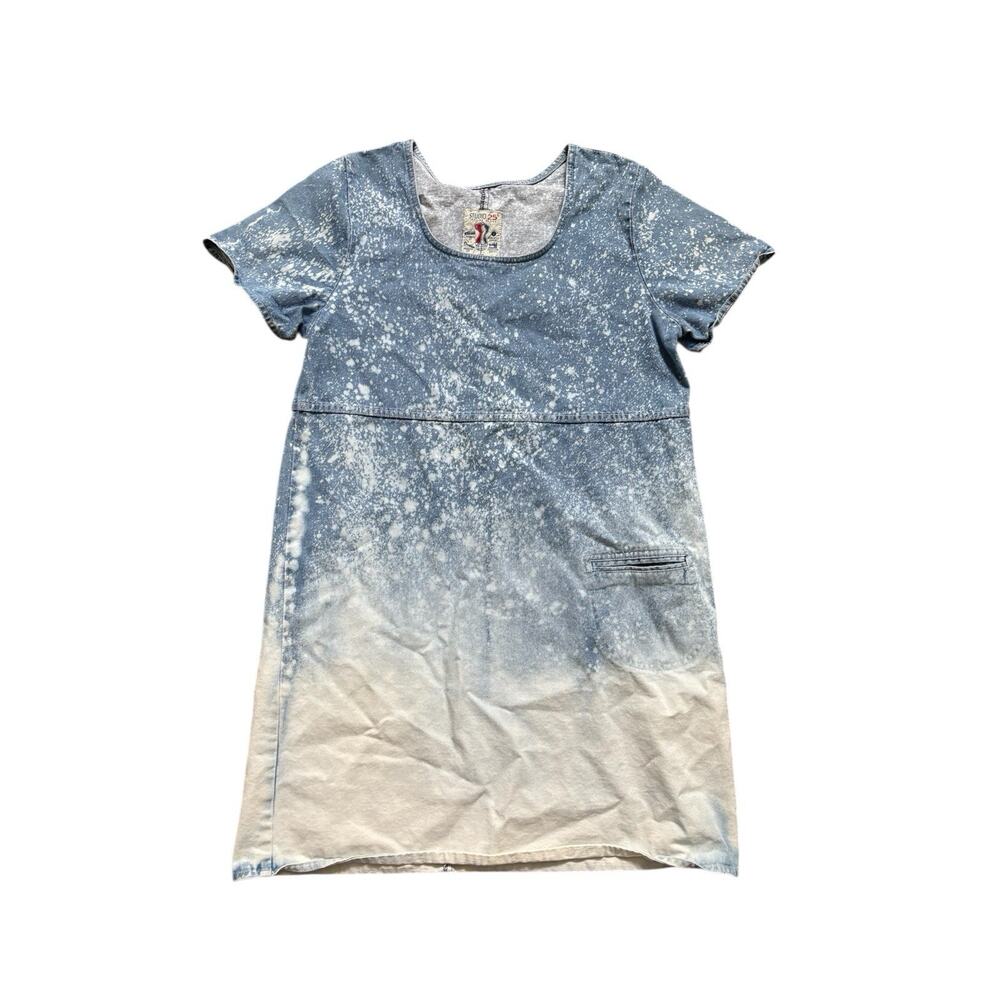 Vintage 90s Y2K Studio 25 Denim Bleached Splatter Empire Waist Dress Womens Med